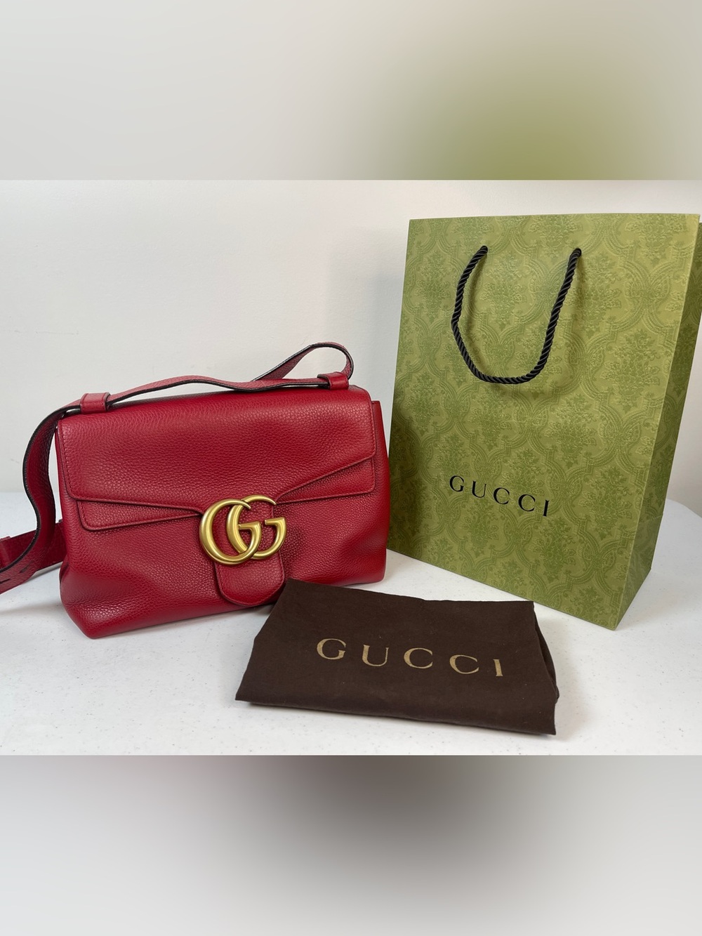 Gucci Red Leather Shoulder Bag with Gold Double G